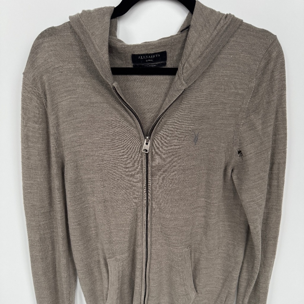 AllSaints Merino Wool Zip-Up Hoodie – Olive Green – Size Large